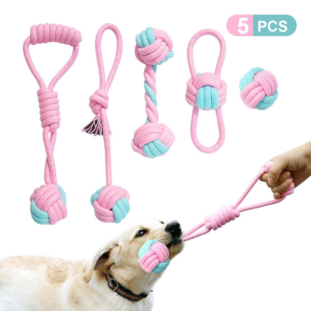 5pcs Cotton Dog Rope Toy Knot Dog Chew Toys Teeth Cleaning Pet Ball